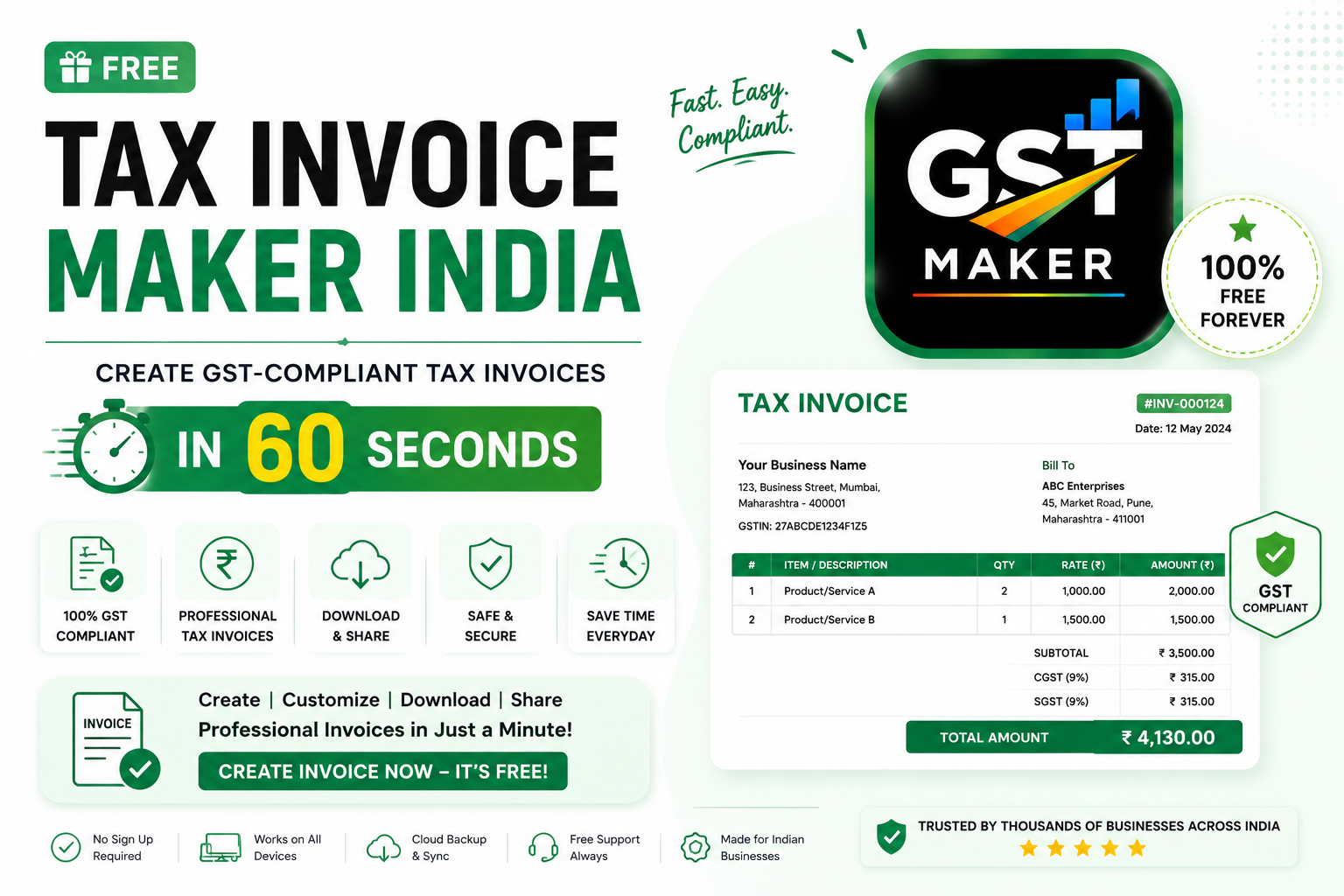 Free Tax Invoice Maker India — Create GST-Compliant Tax Invoices in 60 Seconds