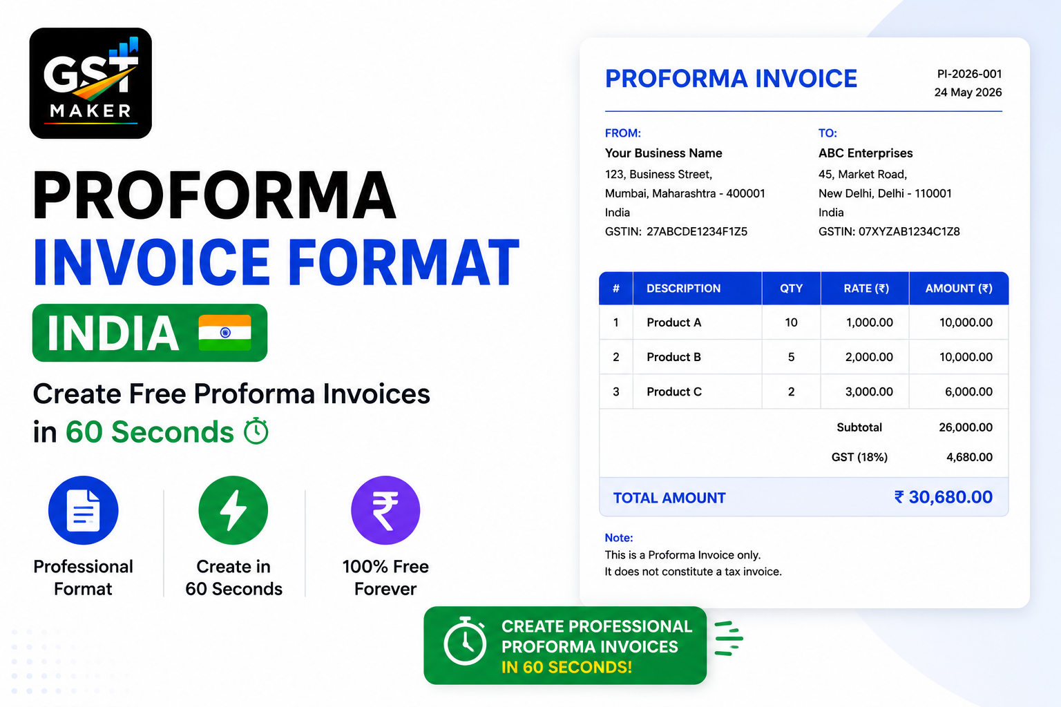 Proforma Invoice Format India — Create Free Proforma Invoices in 60 Seconds