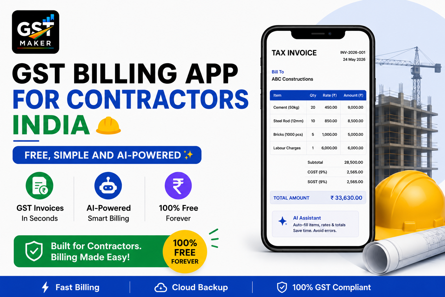 GST Billing App for Contractors India — Free, Simple and AI-Powered