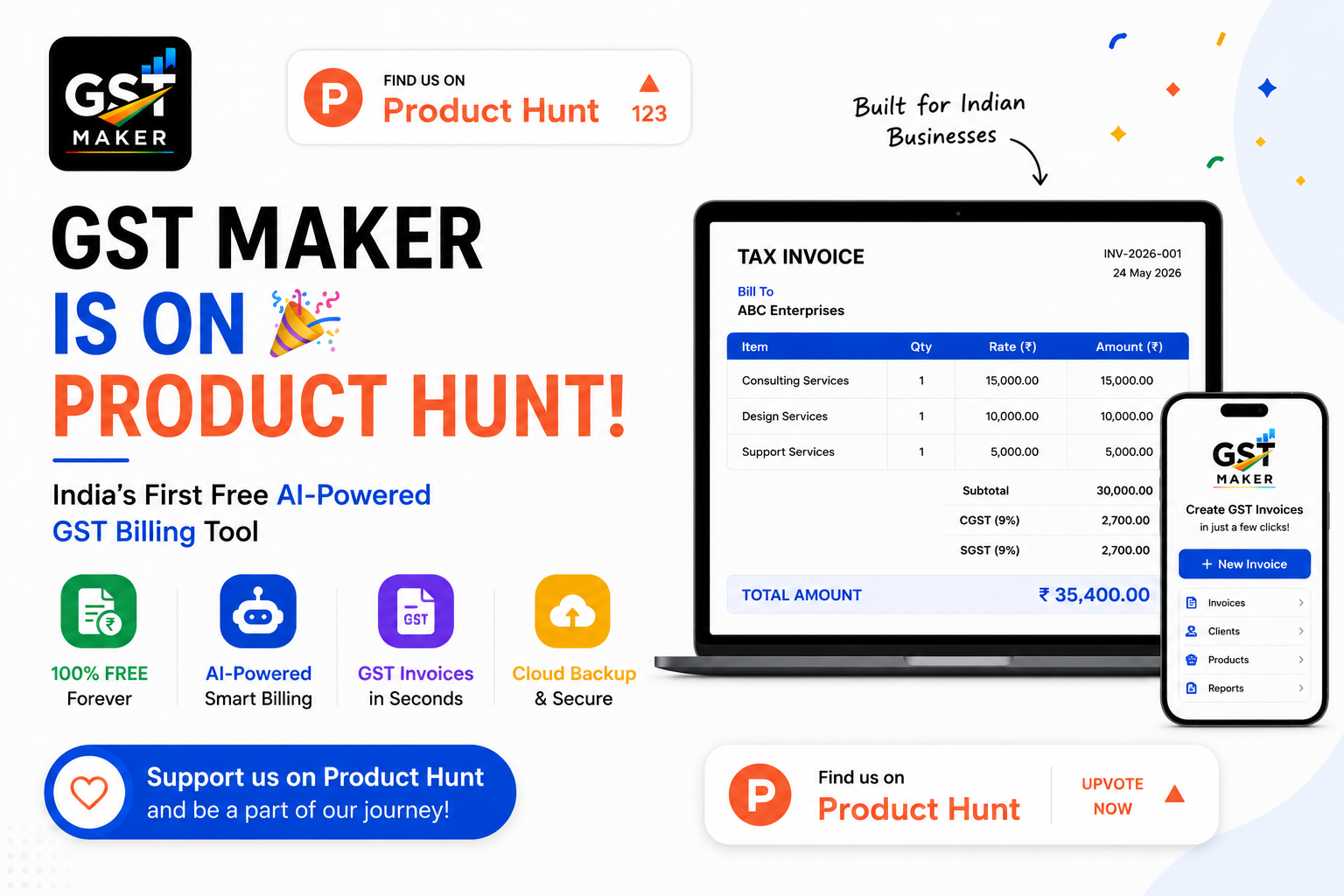 GST Maker is on Product Hunt — India's First Free AI-Powered GST Billing Tool
