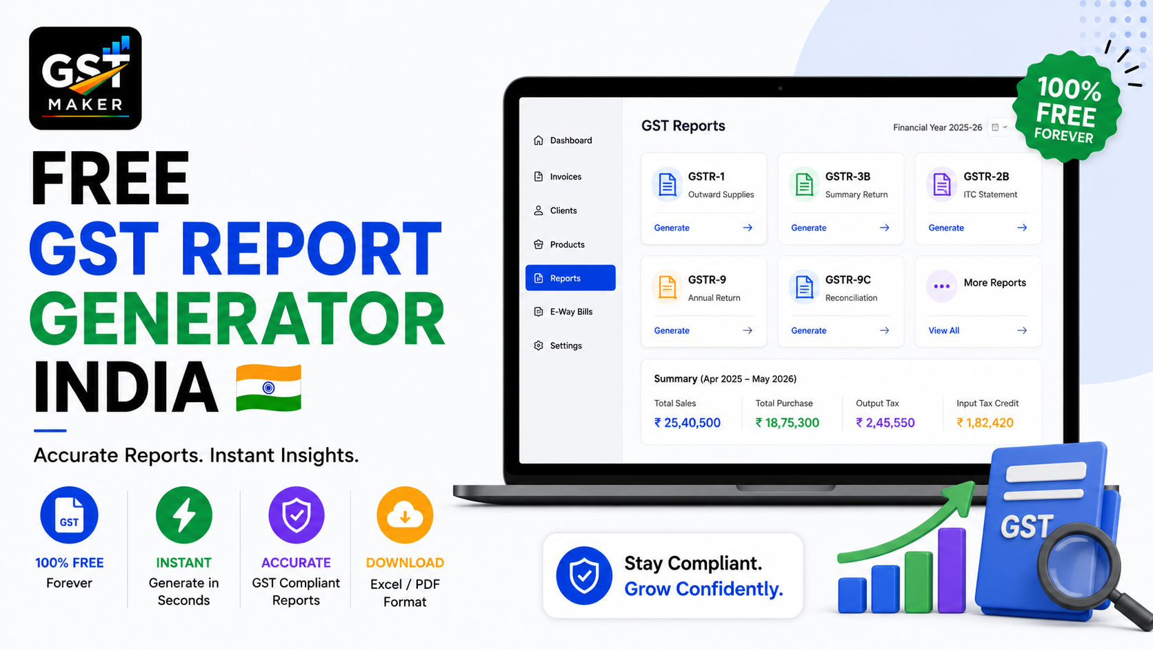 Free GST Report Generator India — GSTR-1 Ready Reports With GST Maker